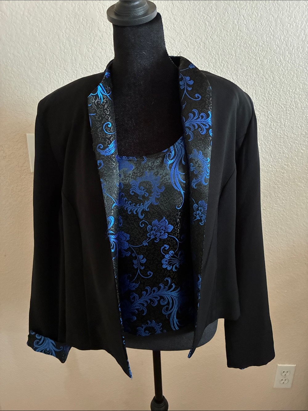 Black Open-Front Blazer with Blue Brocade Trim
